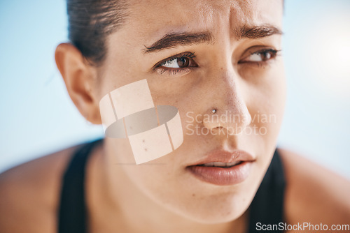 Image of Face, breathing and tired woman on fitness break outdoors after training, running or intense cardio workout. Sports, fatigue and female runner stop to breathe, exhausted and dehydrated from exercise