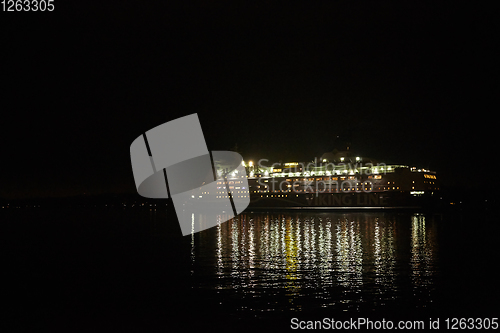 Image of Stockholm, Sweden - November 6, 2018: Amorella from the Viking Line company embarking to the port in Stockholm