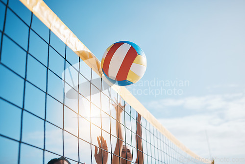 Image of Volleyball, net with sports and fitness, blue sky and people outdoor playing game with training and summer. Exercise, athlete and competition, match with ball and active, workout and team tournament