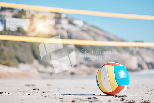 Image of Volleyball, beach sand and net with sports and fitness, outdoor and playing game with nature and summer. Exercise, match with ball closeup and active, workout and tournament with competition