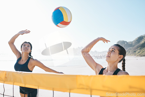 Image of Woman, volleyball and teamwork in sports game, match or competition together by net in the outdoors. Female person, friends or team playing volley reaching for ball in fitness or athletics in nature