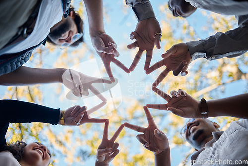 Image of Creative people, hands and star in teamwork, solidarity or collaboration for unity in nature. Low angle of team group touching fingers together for faith, support or community, hope or startup goals