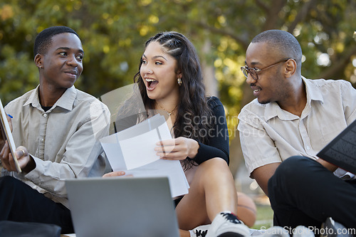 Image of University, grass and students with a laptop, project and conversation with brainstorming, education and internet connection. Knowledge, men outdoor and woman with documents, technology and learning