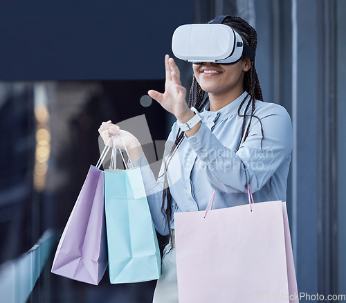 Image of VR, glasses and woman in online shopping, e commerce and fintech on high tech, futuristic or metaverse. Virtual reality of young customer or person with fashion bag in AR or 3d vision of digital mall