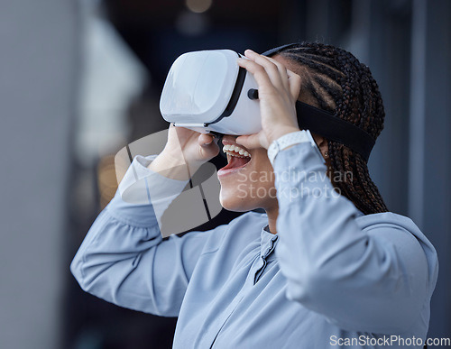 Image of VR, glasses and business woman outdoor on AR software, high tech and digital world, wow and surprise. Virtual reality, vision and professional person watch or user experience in urban city or travel
