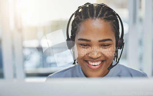 Image of Call center, communication and business woman, consultant or agent in customer support, consulting or e commerce. Happy, professional and african person in virtual consultation, telecom and computer