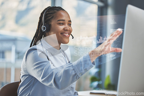 Image of Call center, digital overlay or happy woman on computer in customer support, telemarketing or CRM network. Chart graphs hologram, contact us or girl virtual assistant consulting with headset or smile