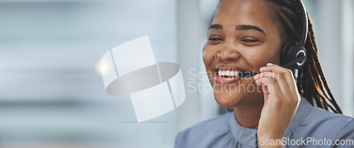 Image of Call center banner, happy and black woman with a headset for consulting, online contact and telemarketing. Ecommerce, mockup and an African customer service worker with a smile for advice and support