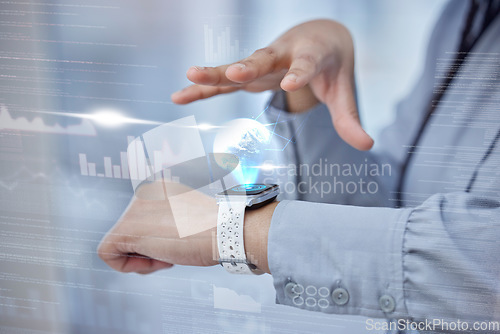 Image of Business, closeup and smartwatch with hologram, globe.or online to check time, program or goals. Female person, tracker or employee with progress, app or wearable with technology, internet or network