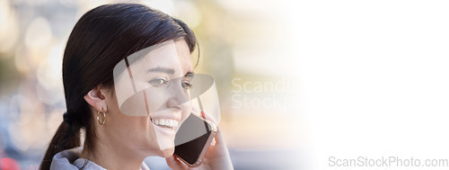 Image of Smile, phone call and woman in office with mockup, bokeh and networking with communication on banner space. Consulting, chat connection and happy agent talking on cellphone, business conversation.