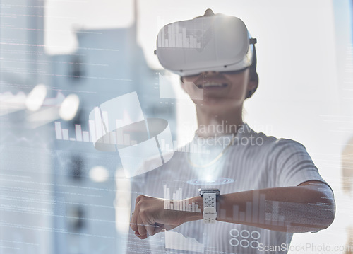 Image of Vr, 3d or woman with smart watch, hologram or graphs data for charts info or online update in office. Virtual reality, metaverse or girl developer with futuristic time device for web innovation