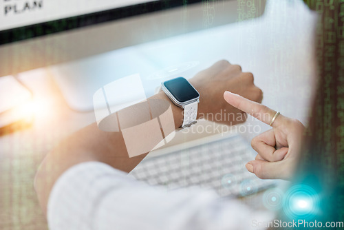 Image of Smartwatch, screen and business woman for office management, workflow check and data mockup in overlay. Digital, clock app and professional person hands typing, reading and timer technology at desk