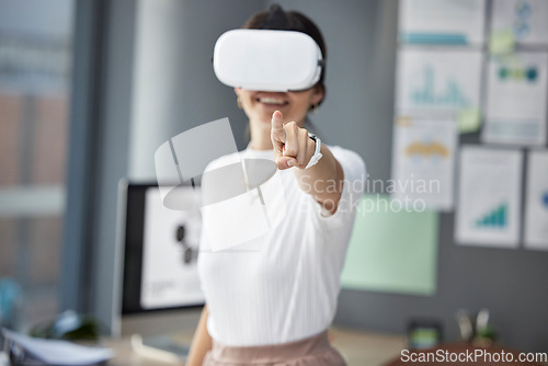 Image of Pointing, overlay or woman developer with vr headset for web design project for website cybersecurity. 3d touch, digital or girl in virtual reality for future cloud computing at office in metaverse