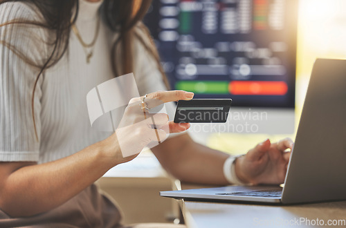 Image of Credit card, laptop or hands of woman on stock market or cryptocurrency website for financial payment. Digital, fintech or girl trader trading or typing online for money or savings investment growth