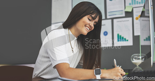 Image of Woman, analytics and data analyst with remote work, writing notes and employee at desk with graph and charts. Information, statistics and female person working from home, review research and insight