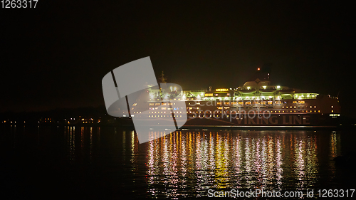 Image of Stockholm, Sweden - November 6, 2018: Amorella from the Viking Line company embarking to the port in Stockholm