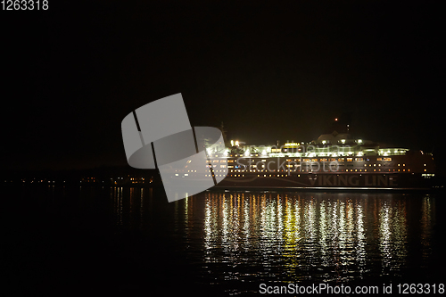 Image of Stockholm, Sweden - November 6, 2018: Amorella from the Viking Line company embarking to the port in Stockholm