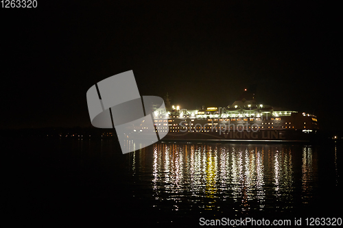 Image of Stockholm, Sweden - November 6, 2018: Amorella from the Viking Line company embarking to the port in Stockholm