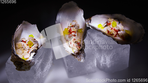 Image of Fresh Oyster salad on the half shells.