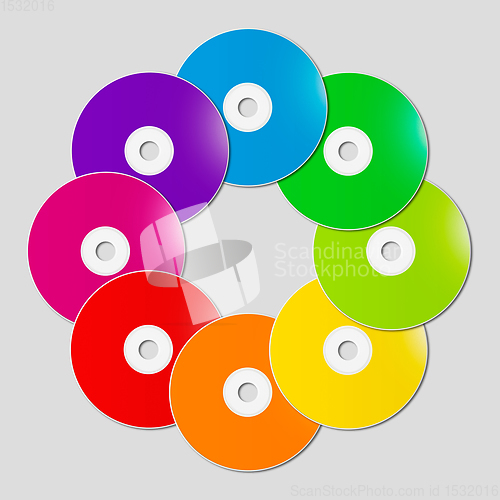 Image of Colorful rainbow CD - DVD in a circle shape on grey background