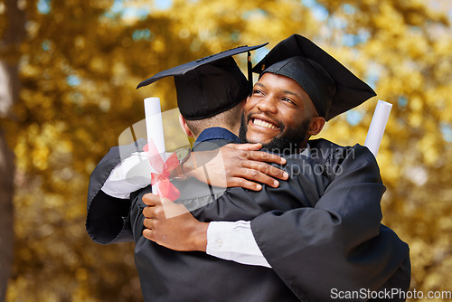 Image of Graduation, happy black man and hug of friends to celebrate education achievement, success and goals outdoor. Male university students embrace for congratulations, graduate support or dream of future