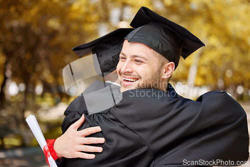 Image of Graduate celebration, happy man and hug of friends for success of education achievement, winning and goals outdoor. Excited male university students embrace to celebrate dream, pride or college award