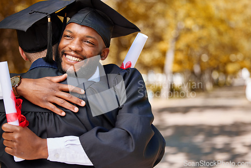 Image of University graduation, black man and friends hug for success of college achievement, winning or support outdoor. Excited male students, smile and embrace to celebrate graduate dream, award and goals