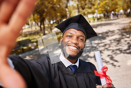 Image of Black man, graduation selfie and diploma for college student, smile and excited for future at campus event. Graduate, education and celebration with certificate, memory or profile picture for success