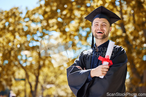 Image of Diploma, happy and man with certificate in outdoor for success with achievement for future. Graduation, guy and education with pride or happiness with scroll in nature with for qualification.