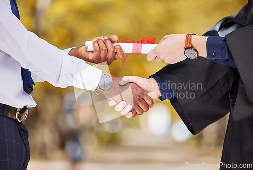 Image of Graduation certificate, handshake and student in success, achievement and congratulations or thank you. Graduate or diversity people shaking hands of diploma, excellence or giving award at university