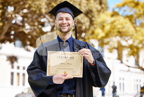 Image of Portrait, graduate and holding certificate with man in with campus for achievement. Diploma, guy and happy face with college graduation for success with motivation degree in information technology.