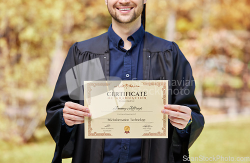 Image of University, man and student with certificate in closeup with award at college for success in future. Graduation, man and diploma as achievement with education for degree in information technology.