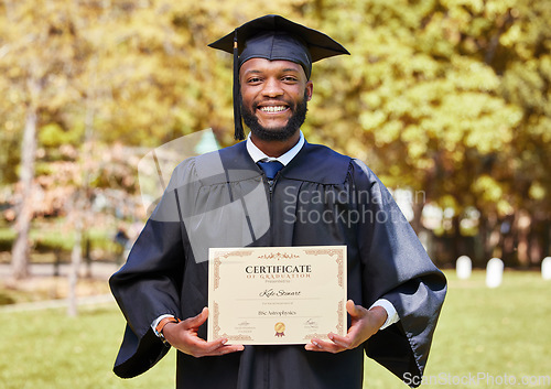 Image of Certificate, black man and campus in portrait with smile with achievement or award for success. Man, pride and diploma with education for degree in masters from university with achievement or award.