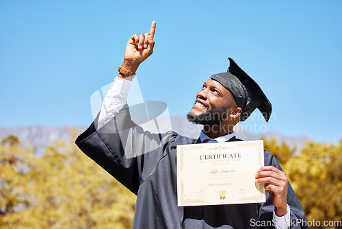 Image of Certificate, graduation and success with black man pointing for award, winner and education. Scholarship, future and learning with university student on campus for achievement, study and diploma
