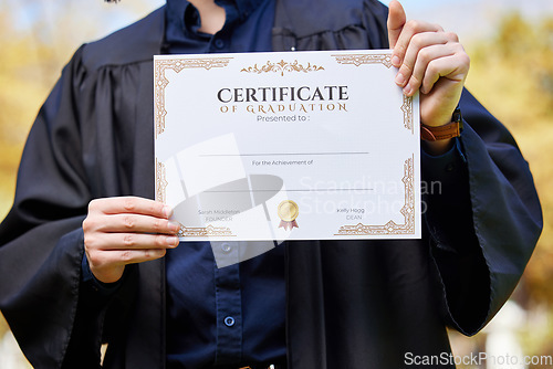 Image of University, hands and closeup of graduate with degree with mockup space for achievement. Scholarship, college and zoom of student or person holding certificate or diploma with template for education.