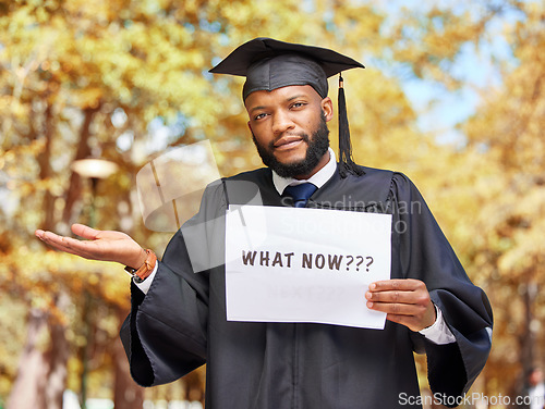 Image of Paper sign, graduation and portrait of a man in a garden by his college campus with a confused gesture. Doubt, graduate and African male student with poster and shrug expression outdoor at university