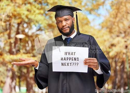 Image of Paper sign, shrug and portrait of a man graduate by his college campus with a confused gesture. Doubt, graduation and African male student with poster and dont know expression outdoor at university.