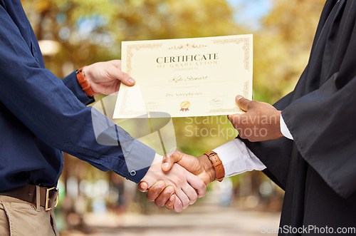 Image of Shaking hands, graduation and certificate for college student with congratulations, professor and event for learning. Education, celebration and party with diploma, paperwork and award with success