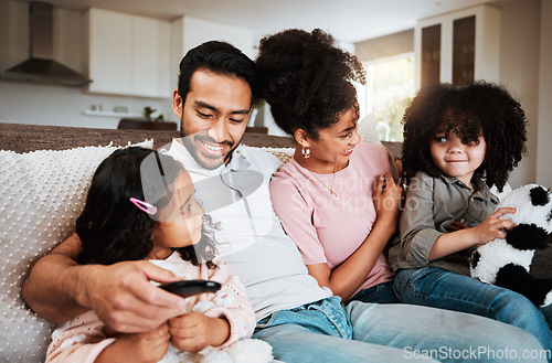 Image of Happy family, parents and kids watching tv in home of movies, film broadcast or relax in living room. Mother, father and children on sofa of television media, video subscription or streaming platform