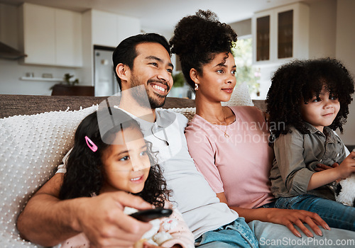 Image of Mother, father and children on couch, watching tv and happy family bonding together in living room. Remote, happiness and parents relax with kids on sofa, streaming television show or movies in home.