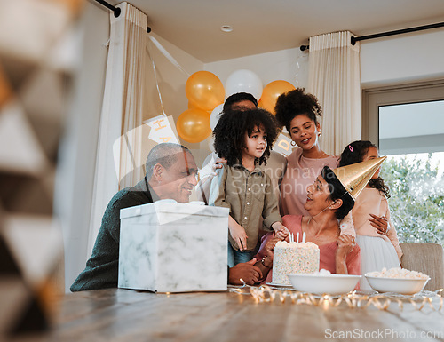 Image of Grandparents, parents and children with cake at birthday for event, celebration and social gathering. Happy family, surprise and kids with mom and dad for dessert, snacks and gifts in living room