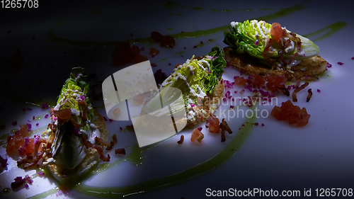 Image of Caesar salad on table. Healthy food style