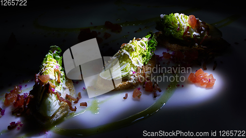 Image of Caesar salad on table. Healthy food style