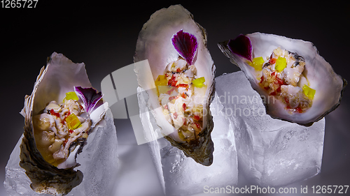 Image of Fresh Oyster salad on the half shells.