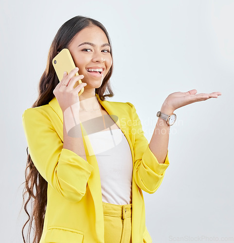 Image of Phone call, business portrait and happy woman palm gesture for sales space, communication or studio notification. Smartphone conversation, presentation and talking person smile on white background