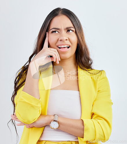 Image of Thinking, professional or woman confused over solution, problem solving plan or development ideas. Doubt, studio or business person brainstorming decision, question or choice on white background