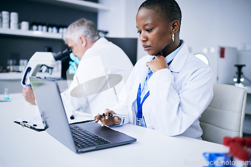 Image of Laptop, science and woman in a laboratory for research, internet or medical results. Serious person and a man scientist or doctor team with tech for scientific innovation, planning or data report