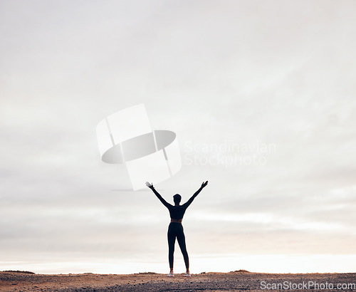 Image of Fitness, hands in air and back of woman with achievement, success and workout goals in nature. Sports, mockup space and happy female person with celebration for exercise, training and running target