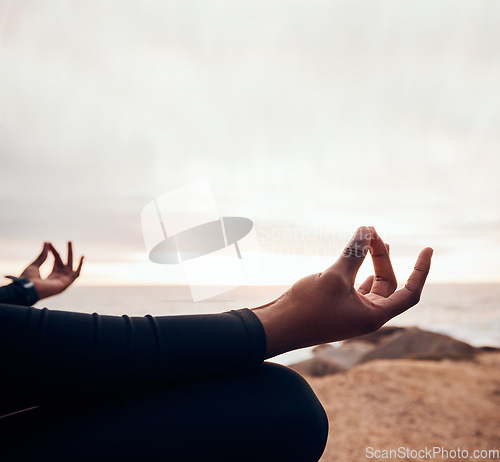 Image of Peace, hands of woman meditation and in sunset outdoors in nature for yoga exercise. Mockup space or workout, freedom or zen spiritual balance and female person with lotus for relaxation wellness