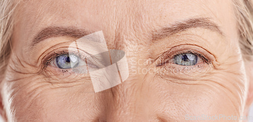 Image of Closeup of senior woman, eyes and wrinkles with vision, skin with face and natural beauty. Anti aging, dermatology and female model with eye care, wellness and cosmetics, skincare and contact lens